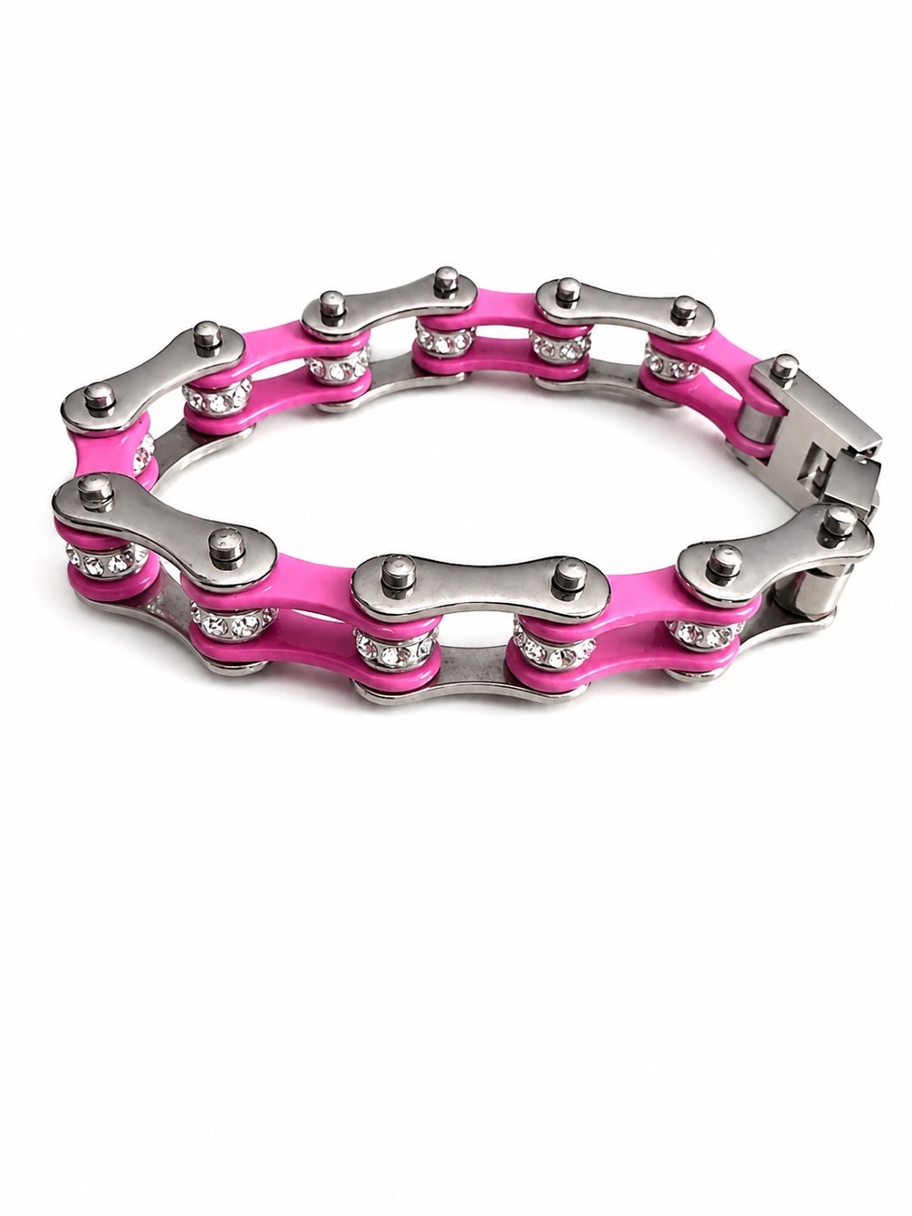 Motorcycle bracelet, Pink Crystal Accent Stainless Steel Bike Chain Bracelet